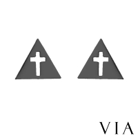【VIA】白鋼耳釘 白鋼耳環 十字架耳釘/符號系列 縷空十字架三角造型白鋼耳釘(黑色)