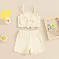 Little Girl Ribbed Outfit Bow Square Neck Spaghetti Strap Tops Elastic Waist Shorts Baby Toddler 2 Piece Set for Summer