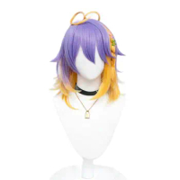 VTuber Cosplay Wig Aster Arcadia Cosplay Wig Purple Mixed Gold Braid Short Hair Synthetic Wig+wig cap（Necklace not included）