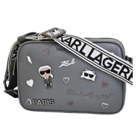 【KARL LAGERFELD 卡爾】新款 老爺 貓咪 愛心徽章雙拉鍊開口斜背相機包(灰色母親節送禮)