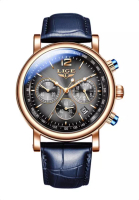 LIGE LIGE 男女通用計時石英手錶，43 毫米，IP 金色不銹鋼，灰色錶盤，藍色皮革錶帶