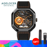 AGELOCER Original Volcano Watch Men's Square Luminous Skeleton Automatic Mechanical Watch Birthday Gift for Men