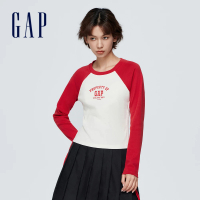 【GAP】女裝 Logo圓領長袖T恤 厚磅密織親膚系列-紅白撞色(873874)