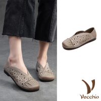 【Vecchio】真皮便鞋 低跟便鞋/全真皮頭層牛皮刺繡沖孔手工縫線拼接舒適低跟便鞋(米)