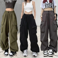 กางเกงคาร์โก้ผู้หญิง streetwear ลำลอง หลวม ขากว้าง ตรง ยาว กระเป๋าใหญ่ กางเกงเต้น โอเวอร์ไซส์