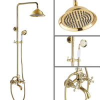 8.2" Shower Head Gold Color Brass Bathroom Rain Shower Head Rainfall Shower Faucet Set Bathtub Mixer Tap agf453