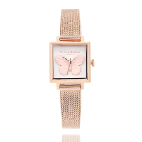 【Olivia Burton】3D蝴蝶方形殼 玫瑰金框白面 玫金米蘭錶帶 手錶 女錶 22mm 母親節(OB16MB18)