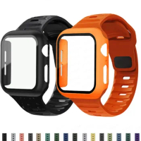 Glass+Case+Strap For Apple Watch Band 44mm 40mm 45mm 41mm 38mm 42mm Smartwatch Silicone Sport Bracelet iWatch 3 4 5 6 SE 7 8 9
