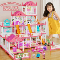 Mainan Rumah Rumahan Anak Perempuan 3D Princess Kastil Villa dengan Lampu dan Boneka Perakitan DIY R