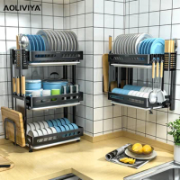 AOLIVIYA Kitchen Rack Wall-mounted Multi-function Folding Dish Storage Cabinet Stainless Steel Drain Rack Tableware Organizer