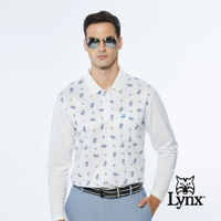 【Lynx Golf】男款滿版高爾夫球印花山貓Logo胸袋款長袖POLO衫-白色