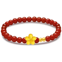 Pure 999 24K Yellow Gold 3D Flower Smooth Bead Red Agate Women Bracelet