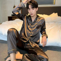 New Long Sleeve Solid Color Set Plus Size Ice Silk Spring Autumn Men's Pajamas Thin Youth Homewear S