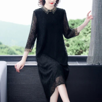 2023 New Fashion Black Embroidery Dress Women's Autumn Retro Versatile 3/4 Sleeve Loose Fit Casual Holiday Dress Vestidos