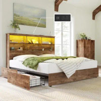 King Size Beds Frame,Wooden Platform Bed with Storage LED Bookcase Headboard, 4 Storage Drawers,Noise Free,Bedroom Bedsteads