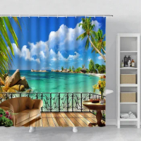 3D Seaside Balcony Ocean Landscape Shower Curtains Seascape Scenery Home Decor Polyester Bathroom Curtain Bath Screens Hooks