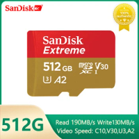 SanDisk 128GB 256GB 512GB 1TB Extreme microSDXC UHS-I Memory Card with Adapter - Up to 190MB/s,C10,U3,V30,4K,5K,A2,Micro SD Card
