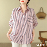 【ACheter】中長款單口袋豎條紋襯衫BF簡約寬鬆長袖短版上衣#121421(白/粉紅)