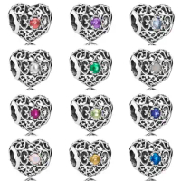 Real Openwork Month Signature Heart Birthstone Bead 925 Sterling Silver Original Charm Fit Bracelet Bangle DIY Jewelry