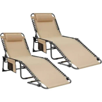 Chaise Lounge Outdoor Adjustable Waterproof Patio Lounge Chair, for Beach, Pool, Portable Camping Reclining Chair with Pillow