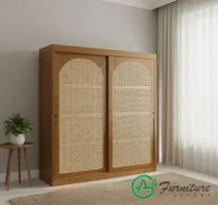 Lemari Pakaian Jumbo 2 Pintu Model Retro Kombinasi Rotan Rangka Kayu Jati