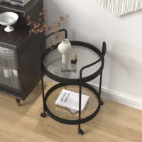 FOSUHOUSE Kitchen Islands Glass Side Table Movable Cart Round Coffee Table Sofa Cabinet Luxury Wrought Iron Rattan Trolley