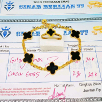 set gelang dan cincin clover emas muda motif bunga hitam cantik free surat