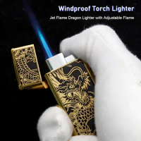 2 Pack Windproof Cigarette Lighter Jet Flame Torch Lighter Refillable Butane for Cigar Gifts Family Use(Without Butane Gas)