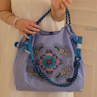 日系自制ball chain環保購物袋尼龍布刺繡花手提帆布包尼龍購物袋