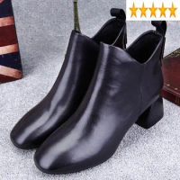 Office Ladies Work Block 2021 Med Heels Leather Ankle Square Toe Motorcycle Safety Shoes Women Winter Fleece Lining Boots