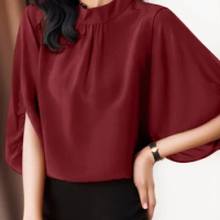 ZANZEA Elegant Satin Loose Blouse Women Vintage Lantern Half Sleeve Tops 2024 Summer Turtleneck Office Tunic Shirt Formal Blusas