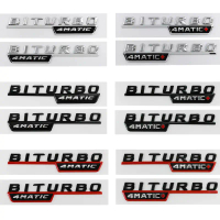 ป้ายตัดบังโคลนตัวอักษรรถ 2 ชิ้น BITURBO 4MATIC Plus สติ๊กเกอร์ตราสัญลักษณ์สำหรับ Mercedes AMG C43 E4