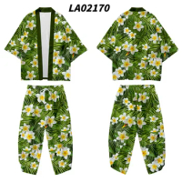 Green Flower Print 2pcs Suit Plus Size Loose Japanese Samurai Harajuku Kimono Cardigan Women Men Cosplay Yukata Tops Pants Set