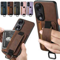 EUCAGR Luxury Business Wrist Strap Leather Wallet Cases for Honor 90 80 70 60 Pro Card Holder Back Cover for Honor Magic5 4 Pro