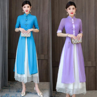 2024 vietnam aodai dress elegant party dress oriental qipao women graceful tea art dress loose A line improved cheongsam dress
