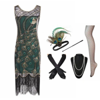 1920s Flapper Green Dress Great Gatsby Party Evening Sequins Fringed Dresses Gown Dress With 20s Accessories Set