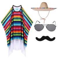 Kid Adult Mexican Party Costume Colorful Cloak Poncho Sombrero Hat Sunglasses Mustache Set for Mexican Fiesta Halloween Carnival