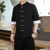 SDKNew Crane Embroidery Top pakaian tradisional cina untuk lelaki Vintage separuh lengan Linen baju 