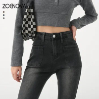 ZOENOVA Spring 2023 Y2K Vintage Clothes Loose Flare Pants Korean Jeans Women's High Waisted Strech Black Gery Denim Full Length