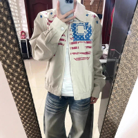 American Retro Letter Flag Print Canvas Workwear Jacket Cleanfit Short Trendy High Street Denim Jack