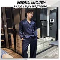 Đồ ngủ nam pijama nam mặc nhà màu xanh lụa gấm hoa văn dài tay 12 - Vodka Luxury