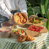 楓林宜居 野餐盒郊游露營野餐用牛皮紙餐盒沙拉食外賣打包盒圓形一次性紙碗