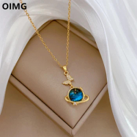 OIMG 316L Stainless Steel Gold Plated Romantic Planet Aurora Necklace For Women Girlfriend Wedding Charming Temperament Jewelry