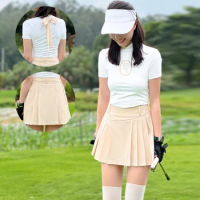 DK Women Sunscreen Golf Shirt Quick Dry Short Sleeve Tops with Bowknot Ladies Pleated High Waist Golf Skirt Slim Skort Sportwear