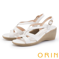 ORIN 真皮編織交錯高跟楔型涼鞋 白色