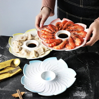 日式櫻花餃子盤帶醋碟創意陶瓷盤子網紅水餃盤大號家用菜盤裝蝦盤