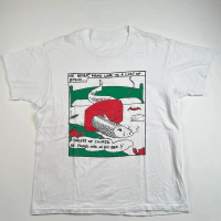 May include White t- shirt featuring a comic strip illustration. The graphic shows a fish in a bed w