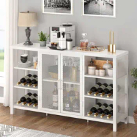 Modern Wine Bar Cabinet Buffet with Glass Holder and Wine Rack White Wood Metal Liquor Sideboard Buffet Console TV Stand Shelf