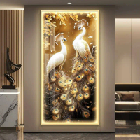 KOKOPAINTING Lukisan Porcelain Diamond 5D Kristal LED Motif Burung Merak Emas Putih / Lukisan Burung