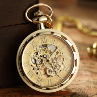 Gold Unisex Mechanical Fob Pocket Watch Vintage Necklace Watch Steampunk Skeleton Pendant Hand-winding Men Women Clock